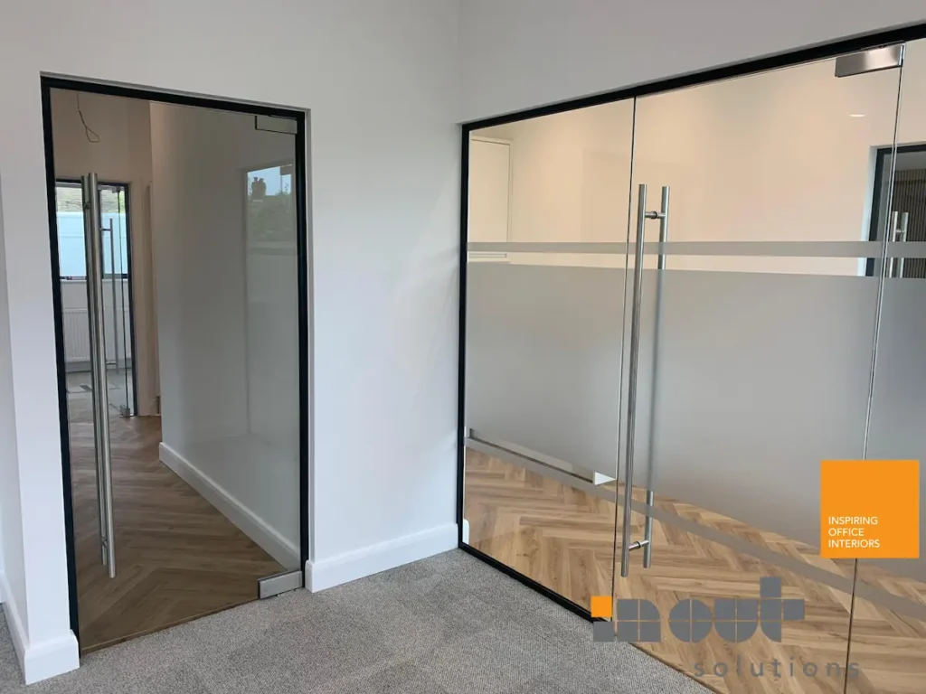 Frosted glass office doors with steel handles in Halifax, Yorkshire office fit-out