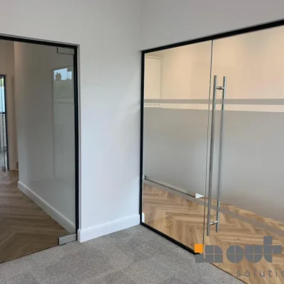 Frosted glass office doors with steel handles in Halifax, Yorkshire office fit-out