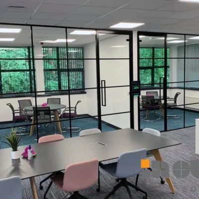 Banded Glass Partitions with Framed Glass Doors