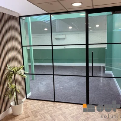Banded Glass Partition with Framed Glass Door