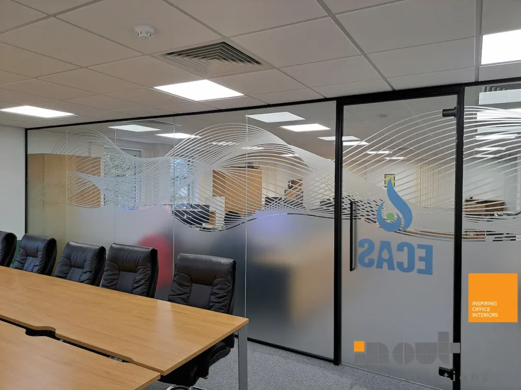 Glass office wall with waved manifestation to separate meeting room in Birmingham.