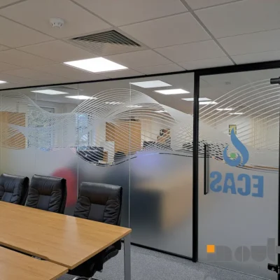 Glass office wall with waved manifestation to separate meeting room in Birmingham.