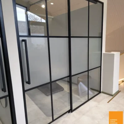 Black Banded Glass Walls with Sliding Glass Doors