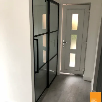 Glass Sliding Door with Side Panel and Frosted Band