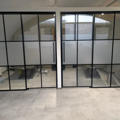 Black Industrial Aluminium Glass Walls with Sliding Doors