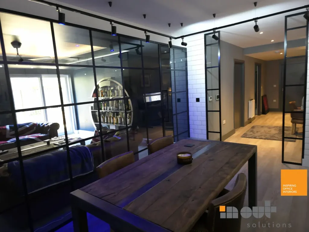 Bespoke Made Glass Wall Dividing Kitchen and Dining Room